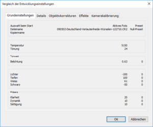 Lightroom Entwicklungseinstellungen vergleichen